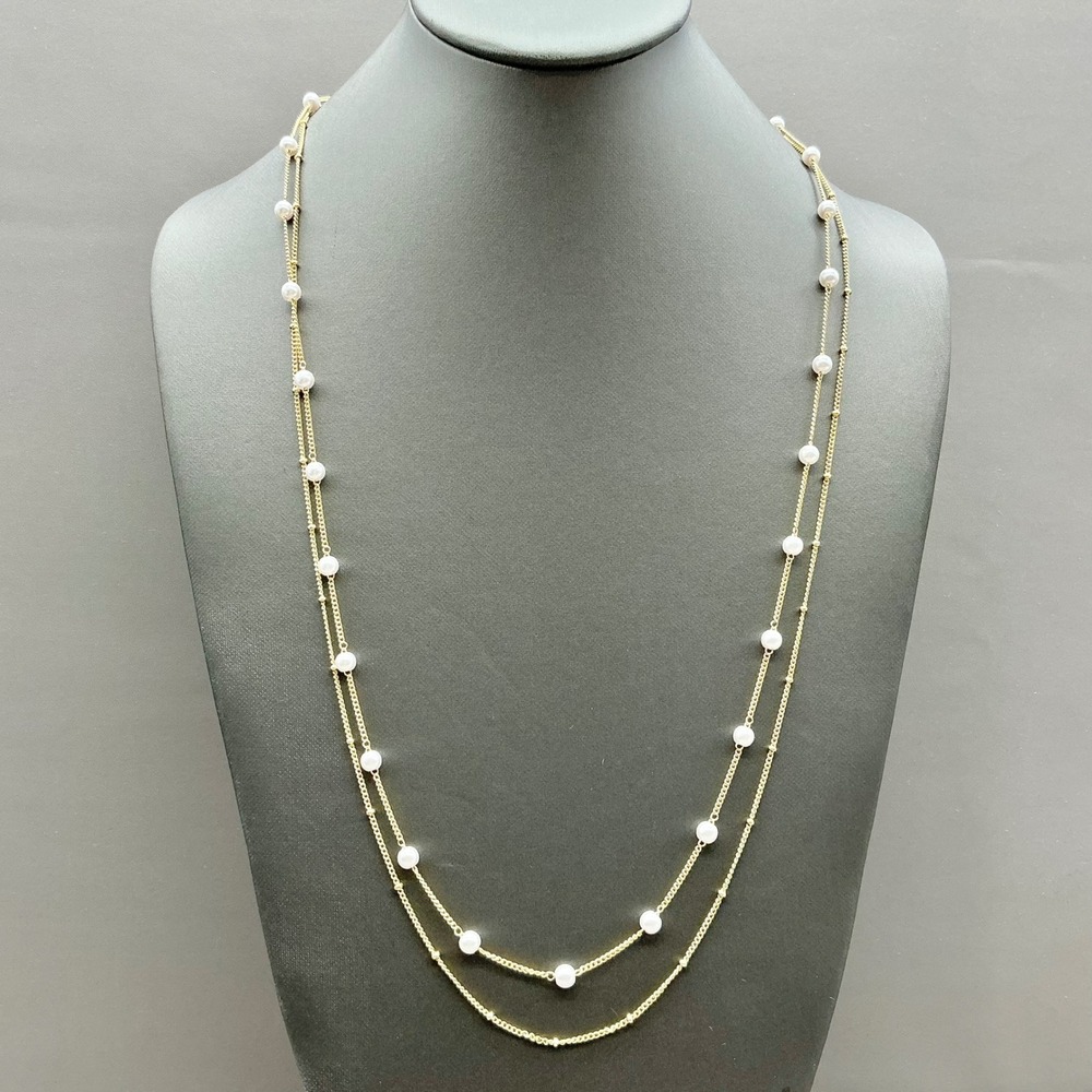 Layered Faux Pearl Station Necklace Women Gold Tone Double Chain Long Elegant